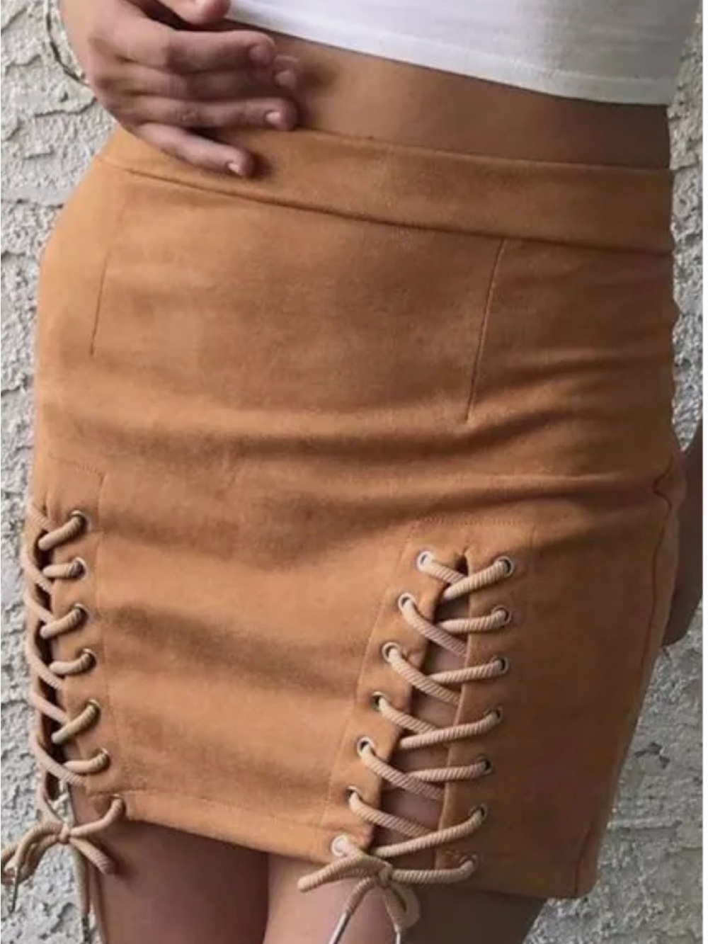 MEYEEKA NWT XL (M/L good) faux Suede Lace-Up body con Mini Skirt in Camel brown